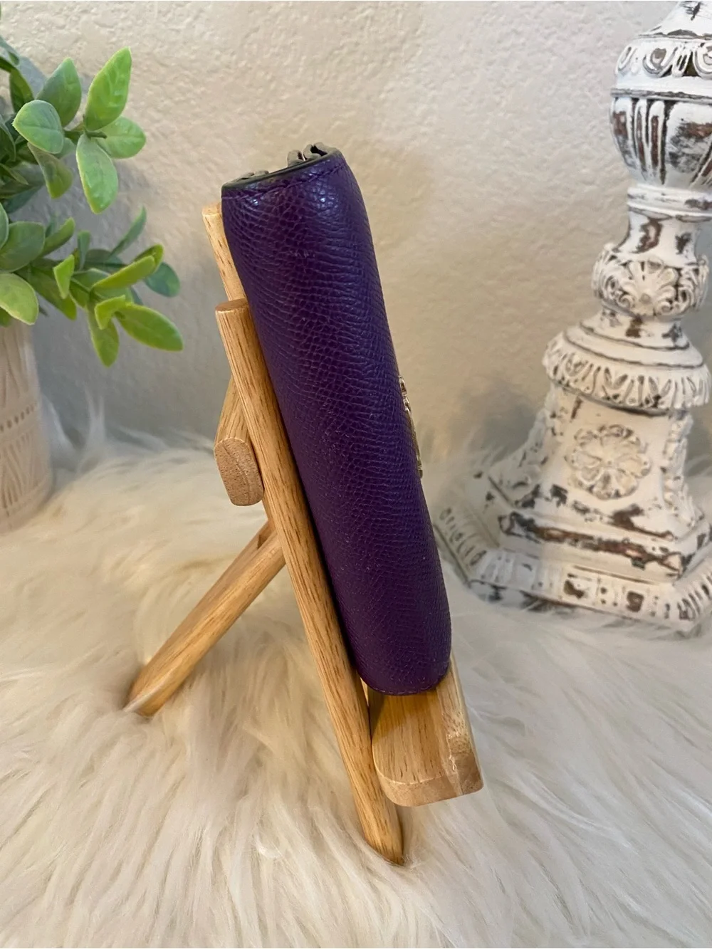 Coach Eggplant Purple Leather Snap-Closure Wallet with Gold Logo